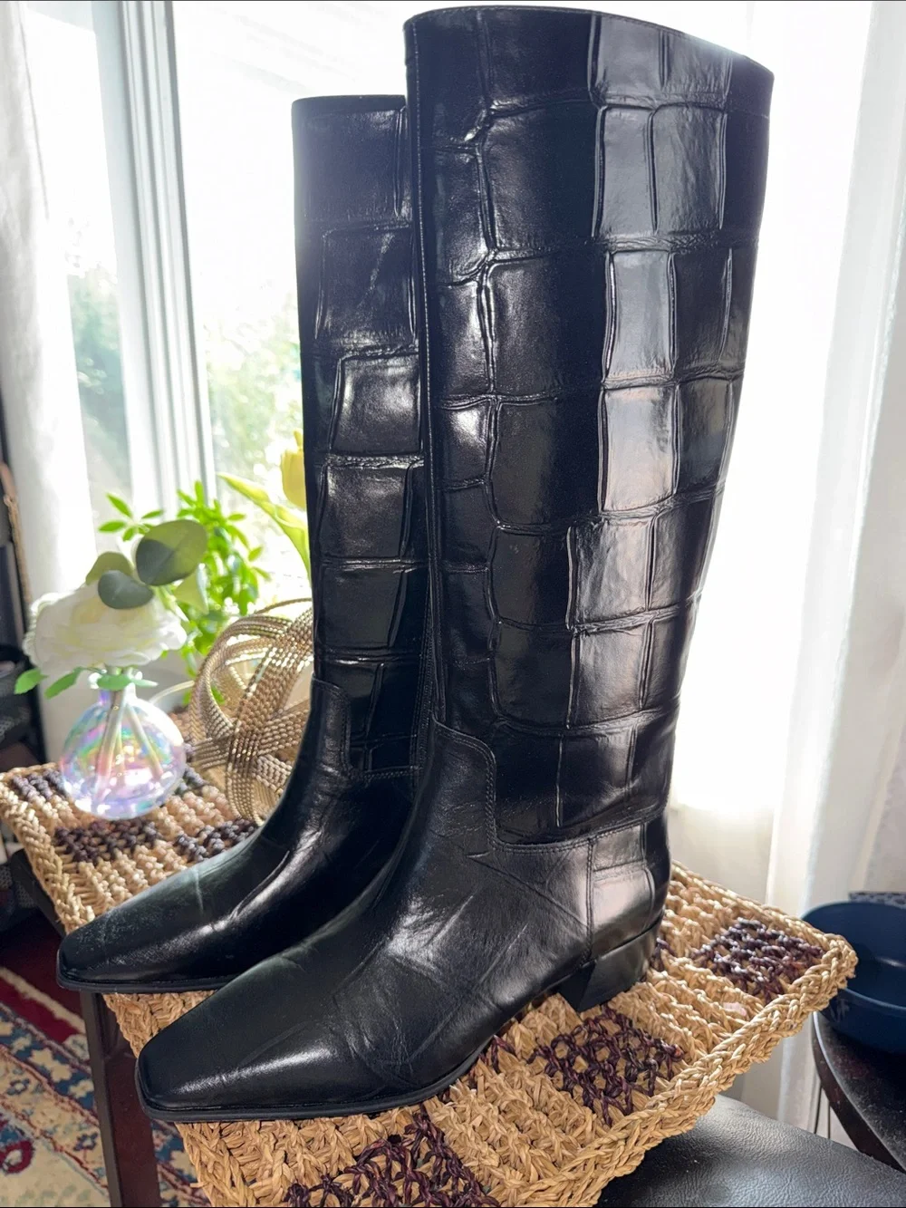 Vince Camuto Pavla Black Croc Embossed Leather Knee High Boots Size 6